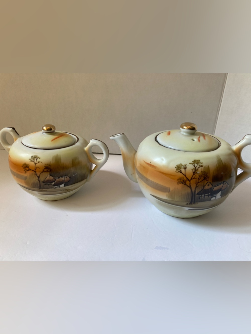 Nippon Vintage Porcelain tea pot and sugar bowl hand painted